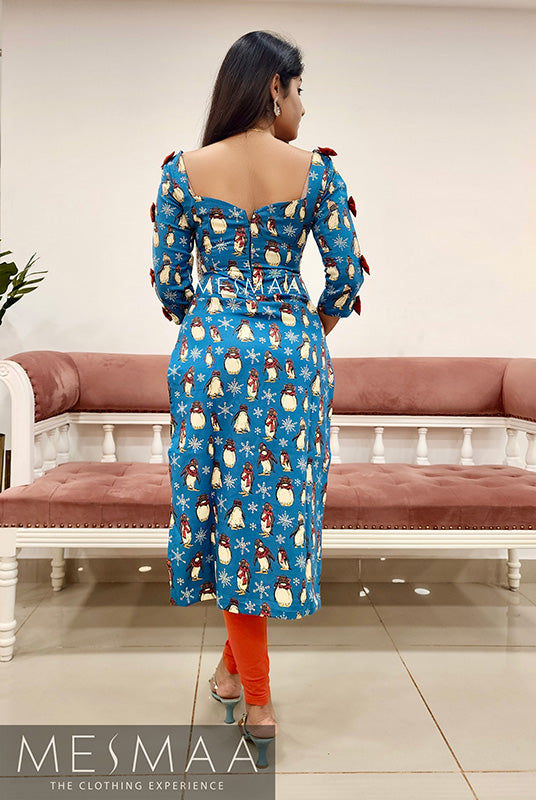 Blue orange penguin Kurti