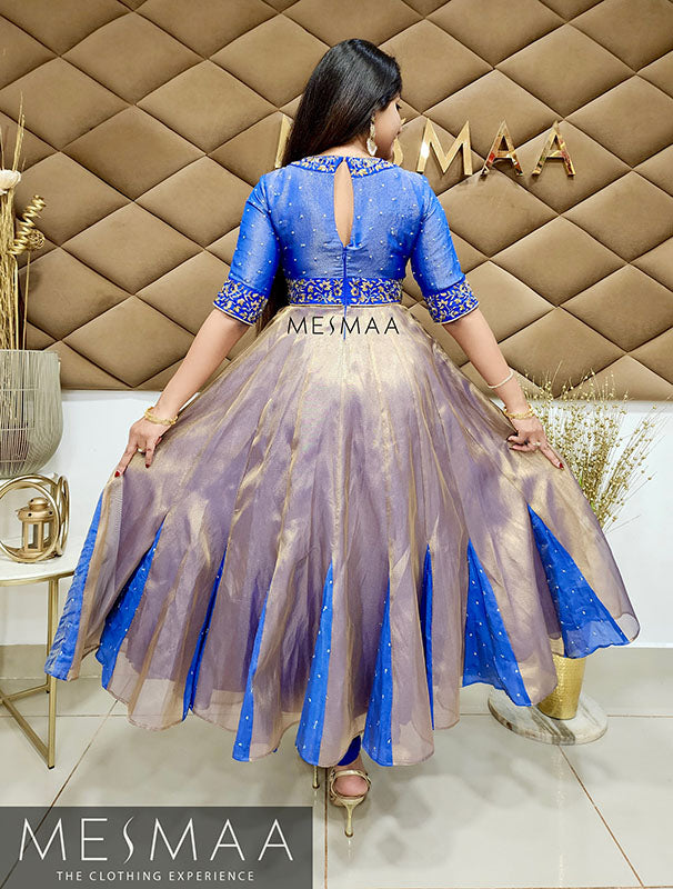 Royal Blue gold tissue anarkali