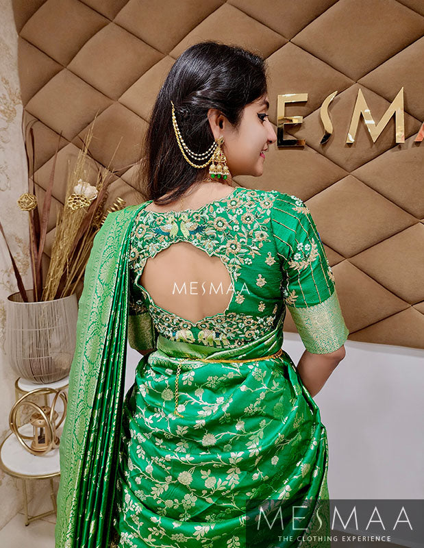 Bottle green mint green bridal half saree
