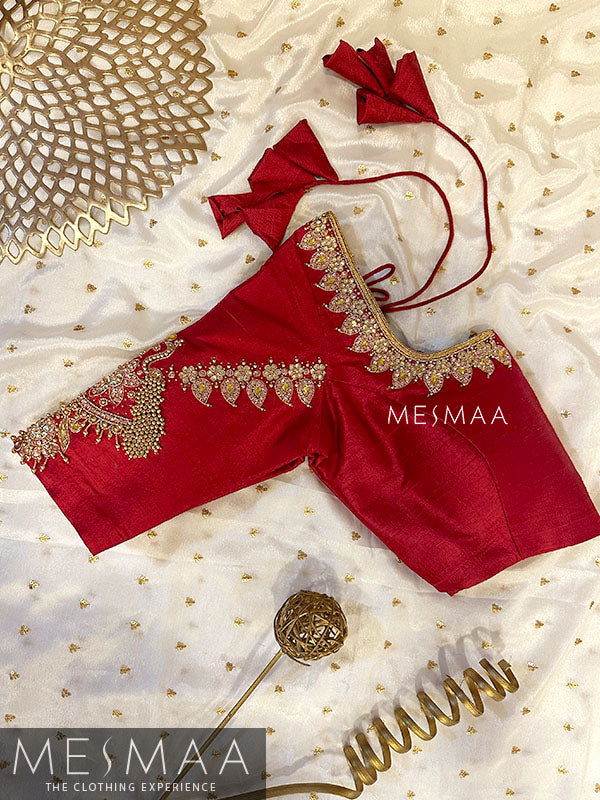 Crimson red peach bridal half saree