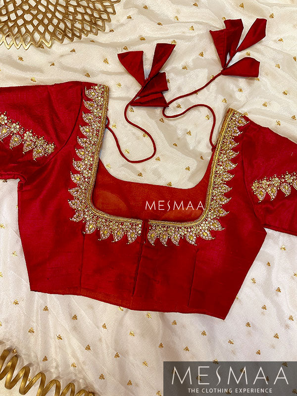 Crimson red peach bridal half saree