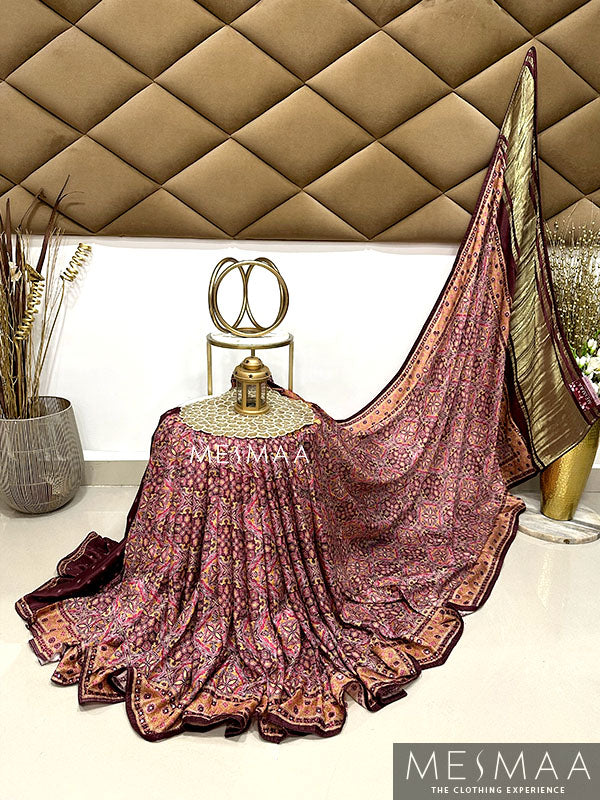 Ajarkh print mirror work saree