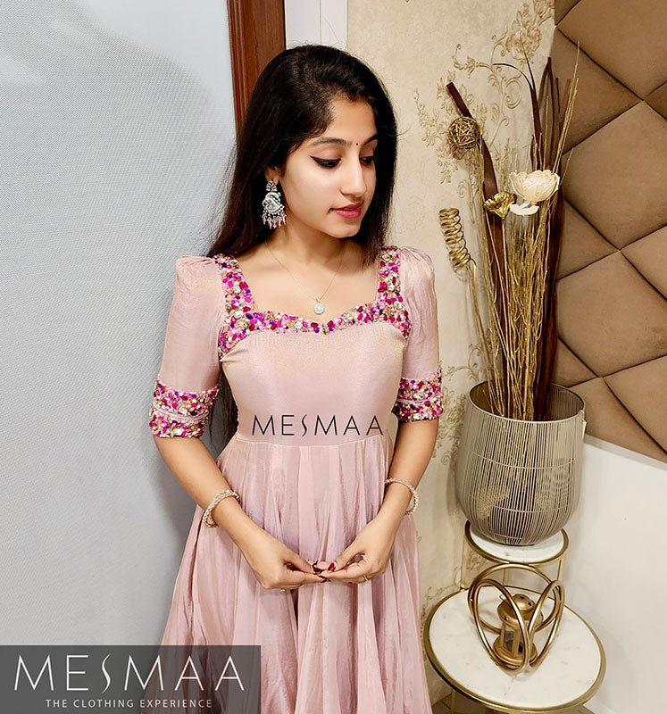 Baby pink purple tissue anarkali