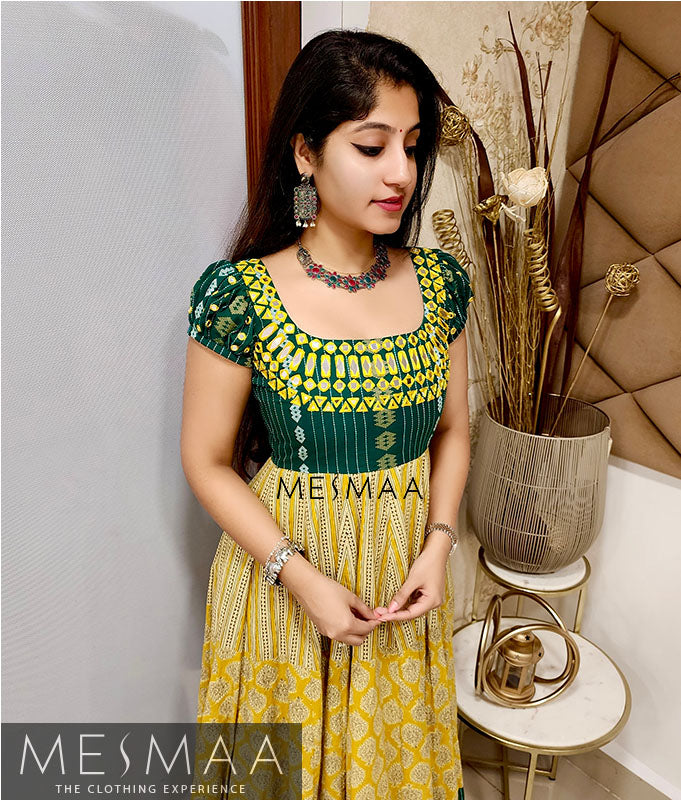 Yellow bottle green floor length dress