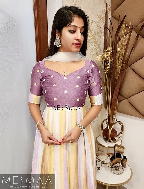 Lavender white yellow striped anarkali