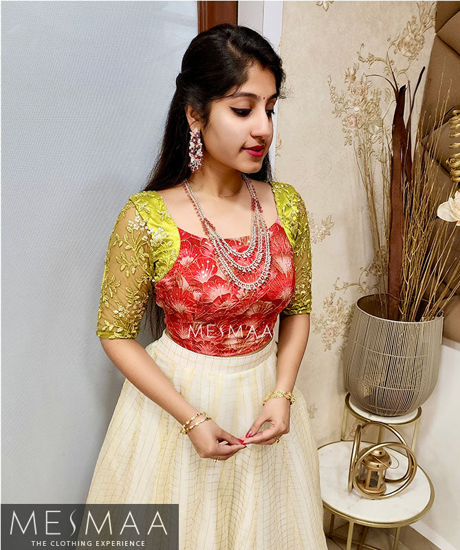 Coral - green - half white lehenga