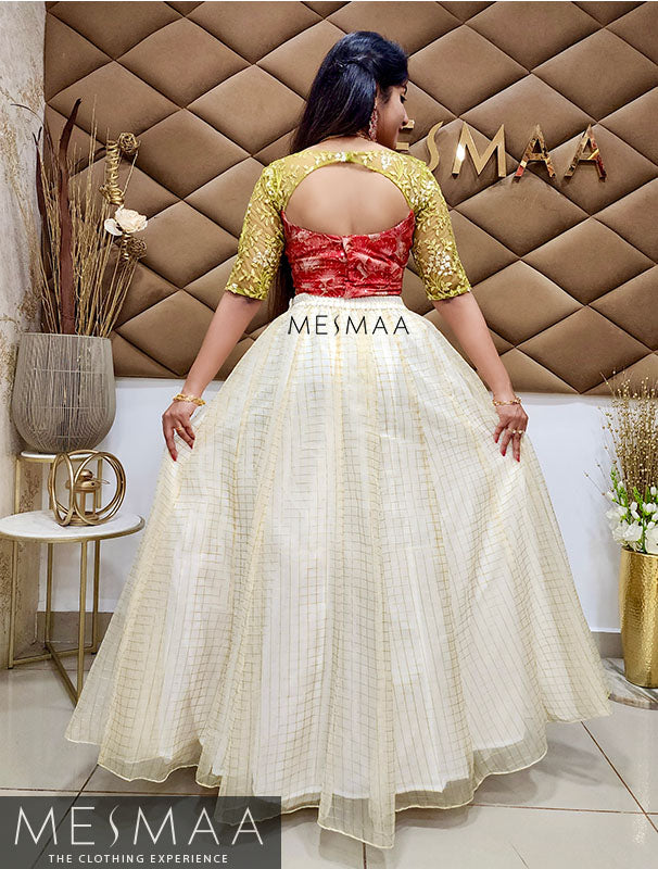 Coral - green - half white lehenga