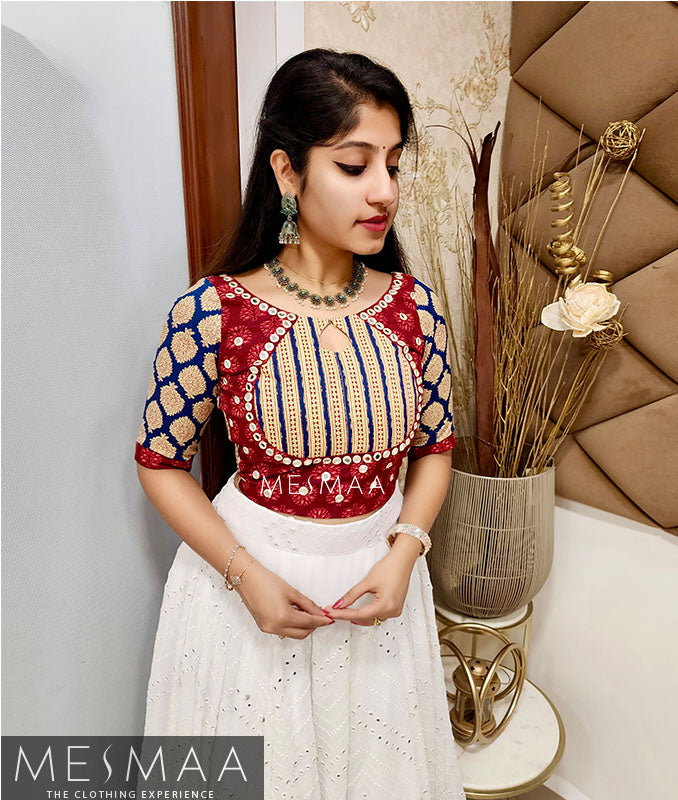 Maroon - indigo - Creamy white lehenga