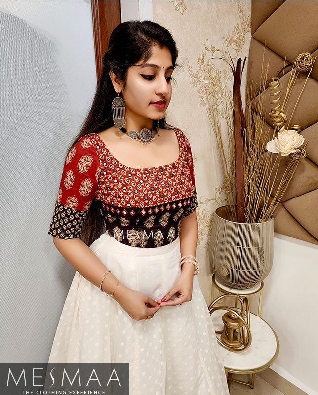 Maroon - black - Creamy white lehenga