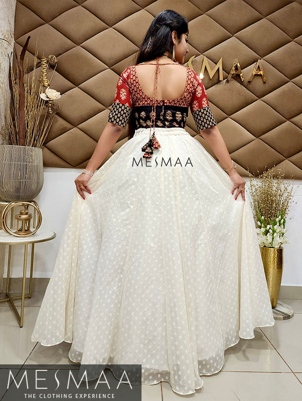 Maroon - black - Creamy white lehenga