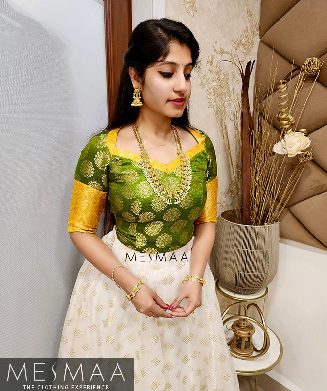 Olive green-yellow-half white lehenga