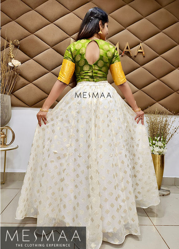 Olive green-yellow-half white lehenga