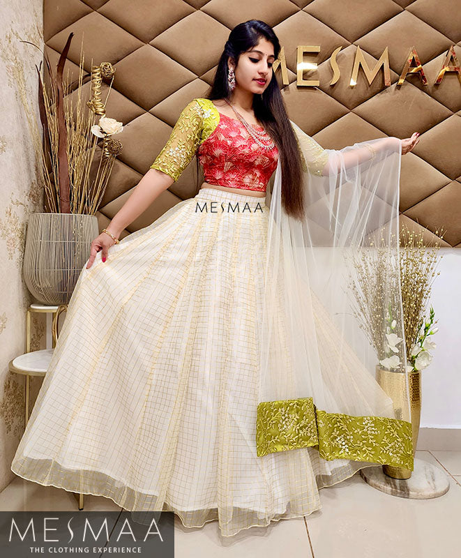 Coral - green - half white lehenga