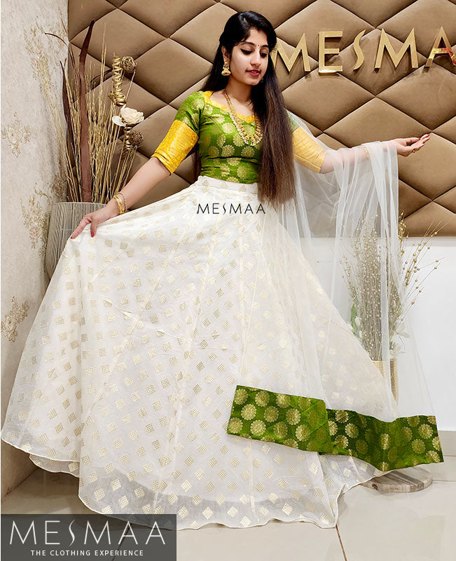 Olive green-yellow-half white lehenga