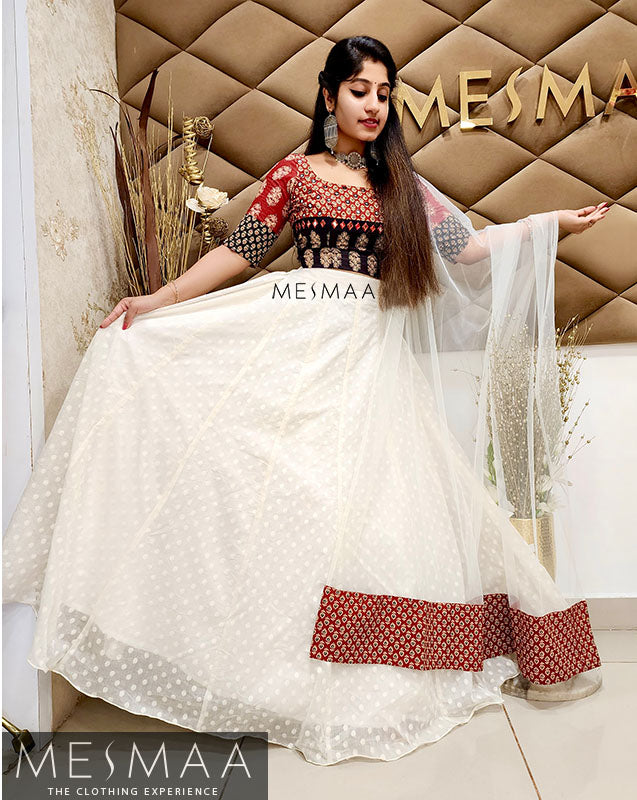 Maroon - black - Creamy white lehenga