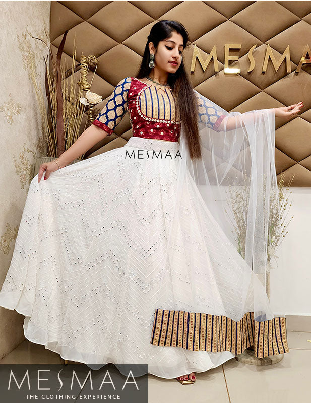 Maroon - indigo - Creamy white lehenga