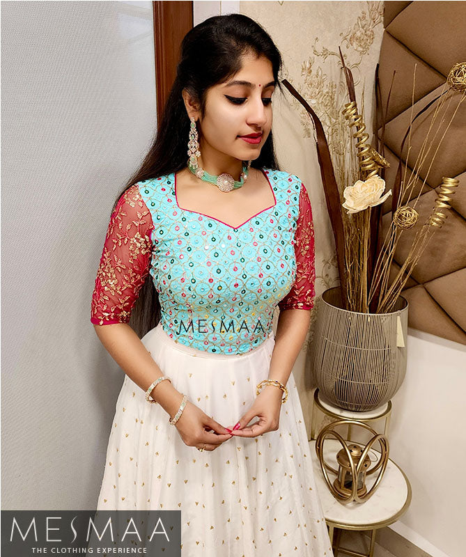 Blue - pink - Creamy white lehenga