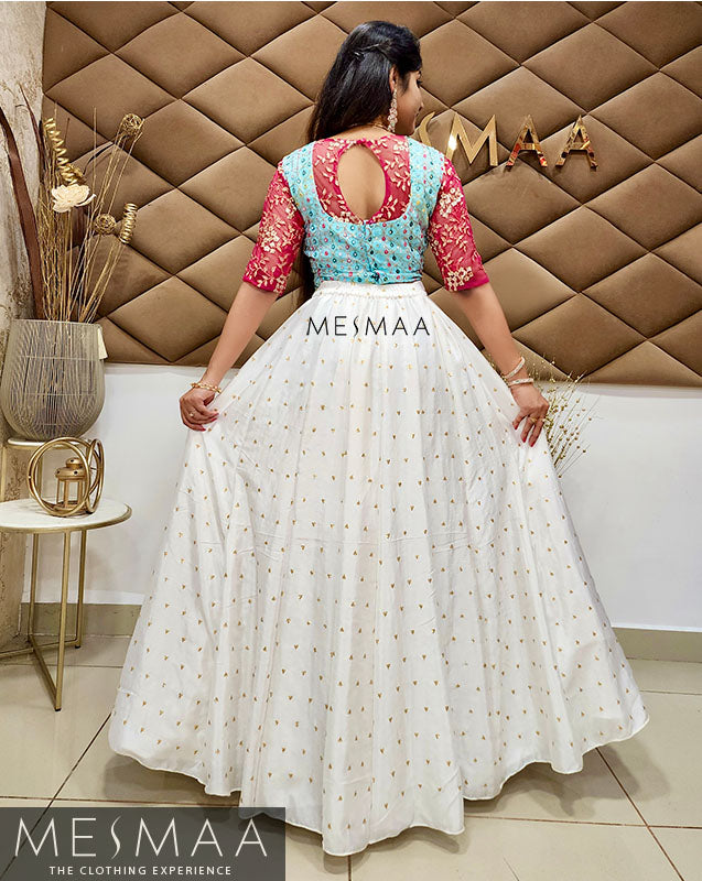 Blue - pink - Creamy white lehenga