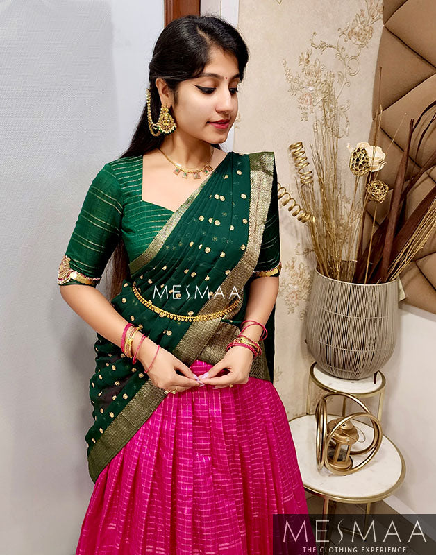 Rani pink bottle green half saree