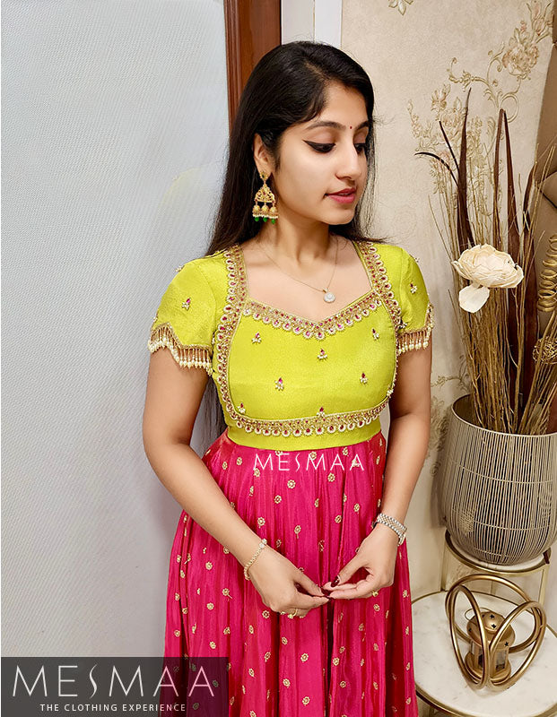 Bright green rani pink tissue anarkali