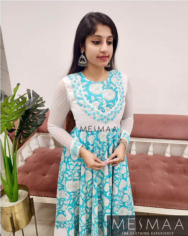 Blue white flared anarkali