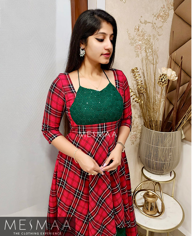 Red bottle green checked dress