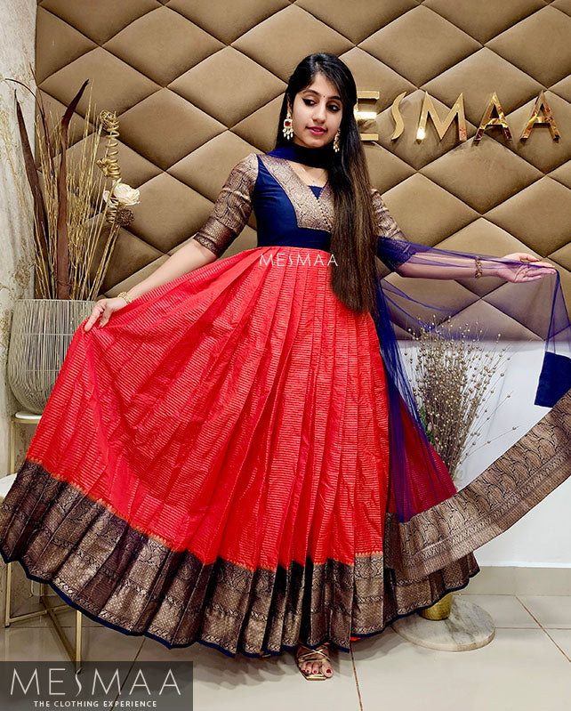 Red navy blue saree converted gown