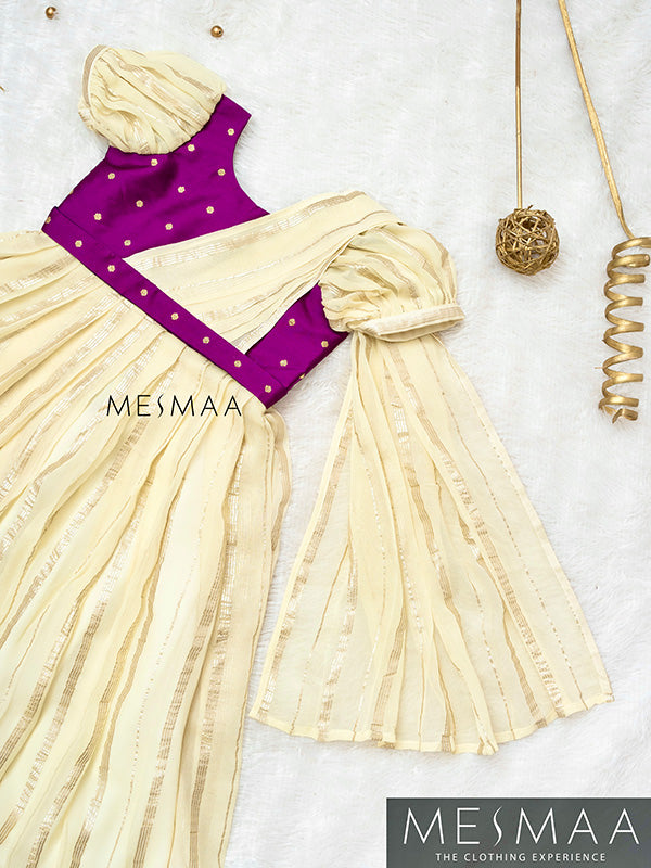 Purple half white saree gown for kids