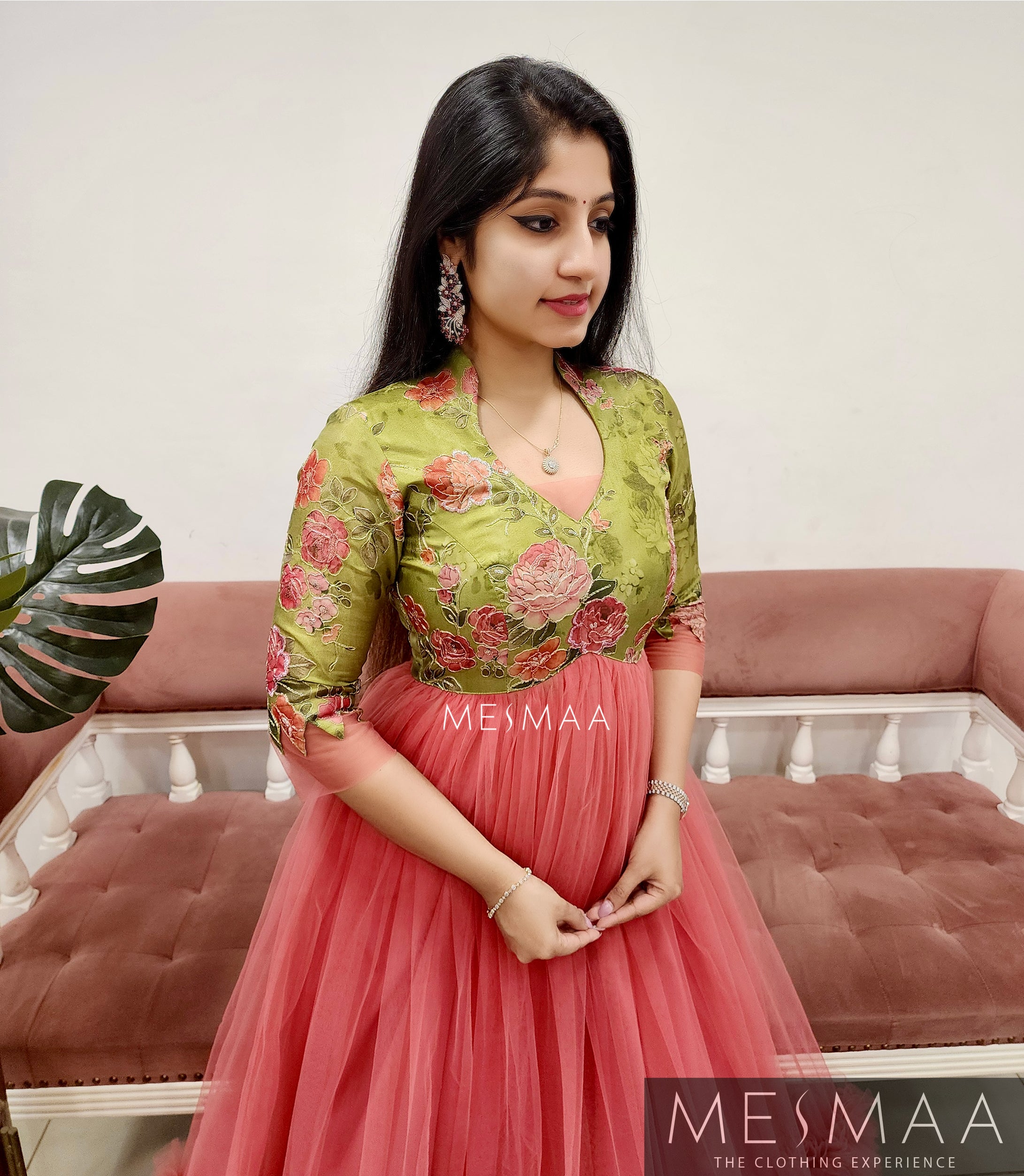 Green coral flared gown.