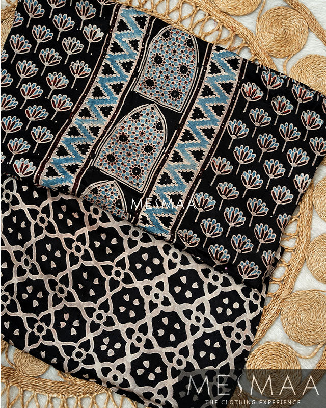 pure model silk with ajrakh print suits