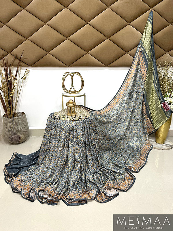 Ajarkh  print mirror work saree