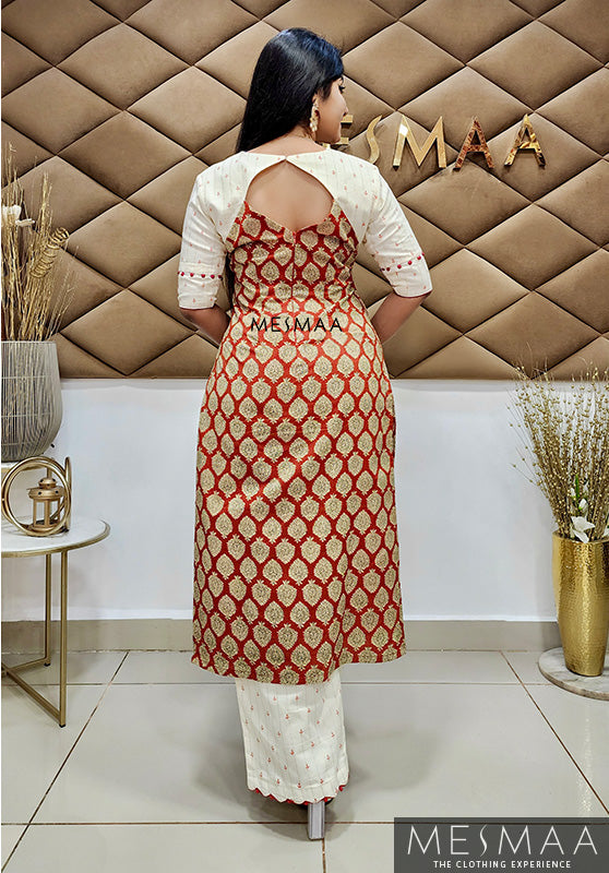 Red half white kurti set