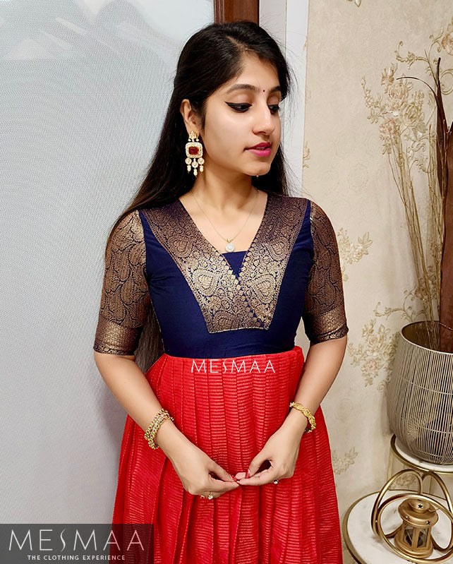Red navy blue saree converted gown
