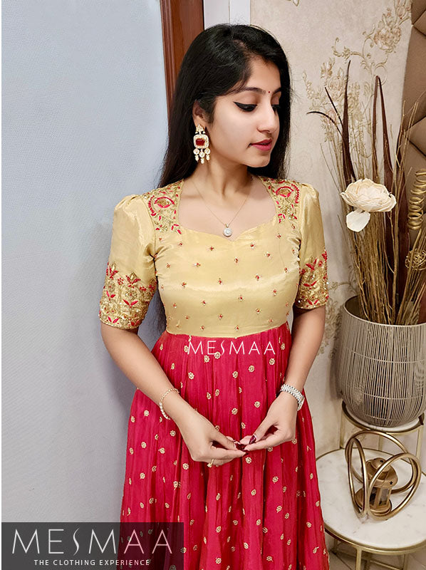 Beige pinkish red tissue anarkali