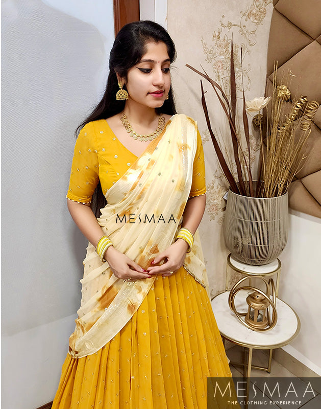 Mustard yellow half saree