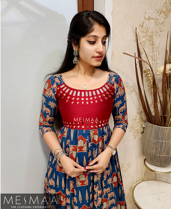 Indigo blue dark red flared anarkali