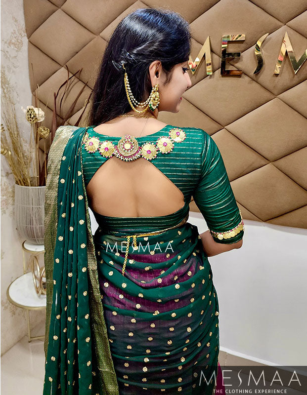 Rani pink bottle green half saree