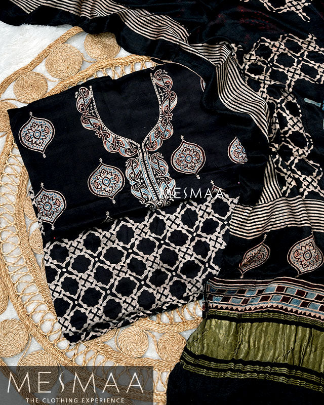 pure model silk with ajrakh print suits