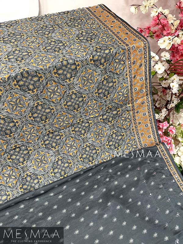 Ajarkh  print mirror work saree