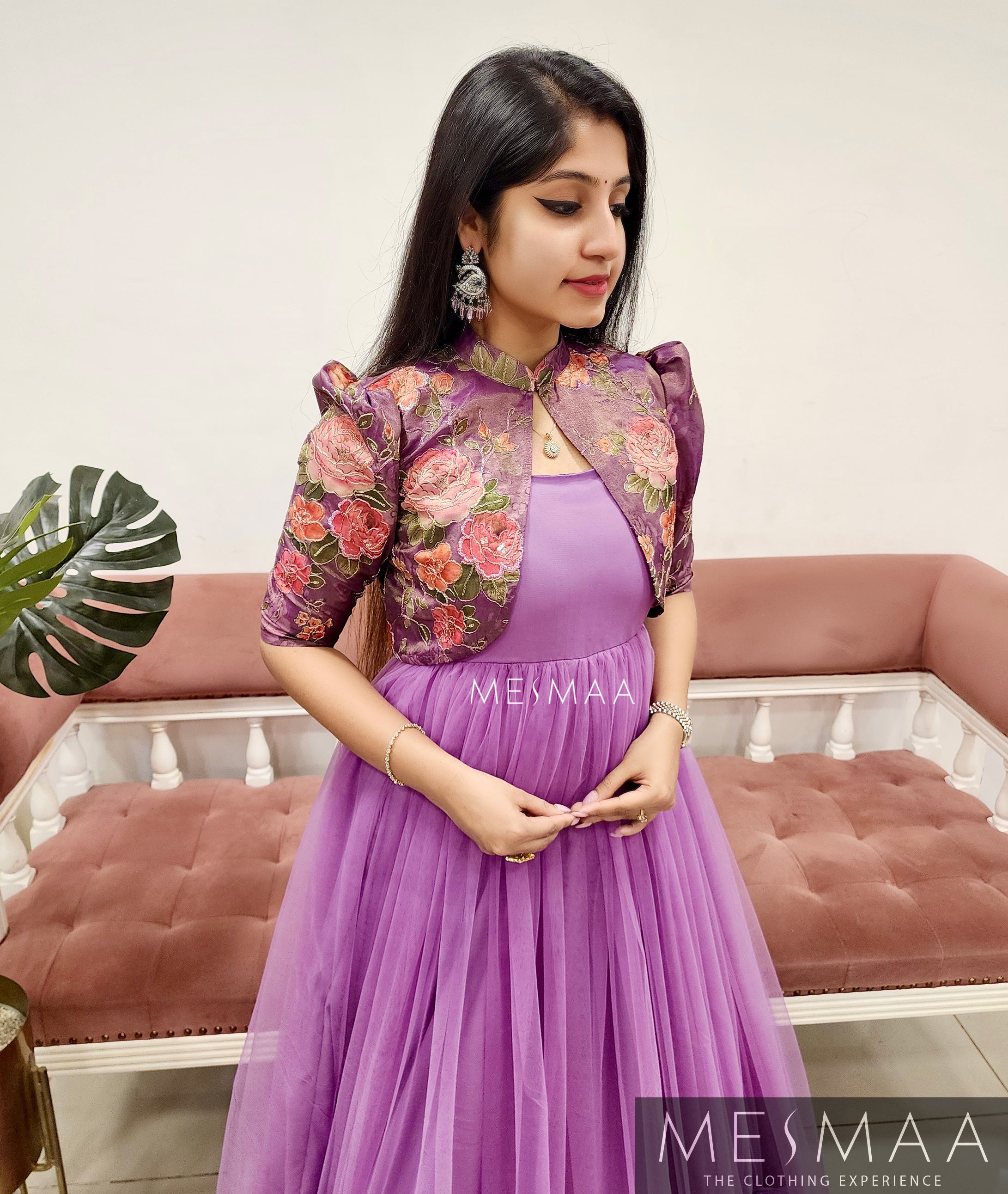 Lavender flared gown.