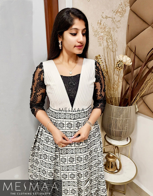 Black white embroidered dress