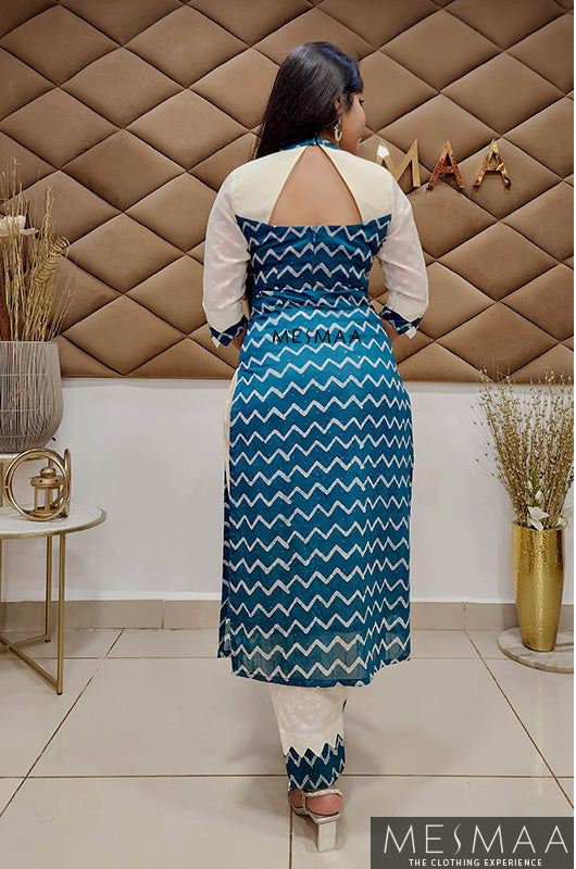 Teal white kurti set.