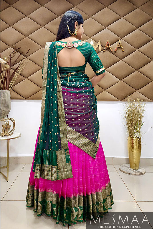 Rani pink bottle green half saree
