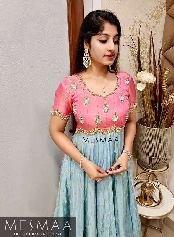Flamingo pink baby blue tissue anarkali
