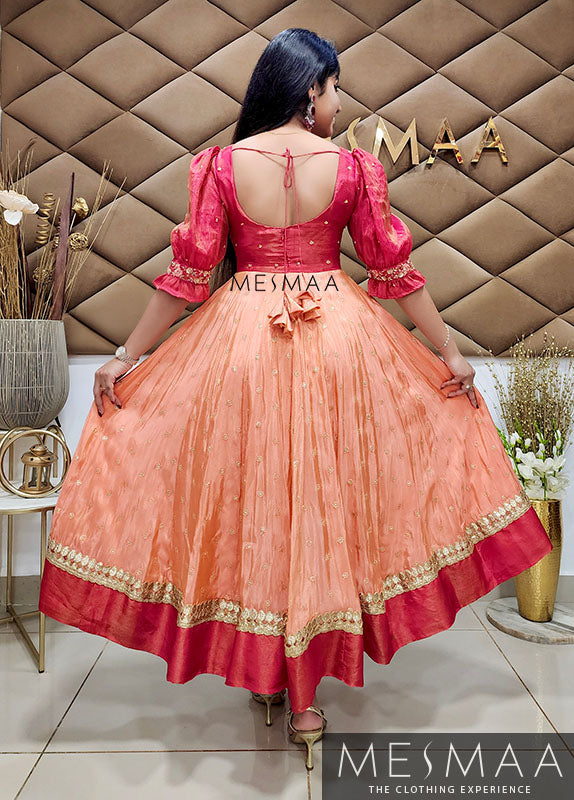 Pinkish red Peach tissue anarkali.