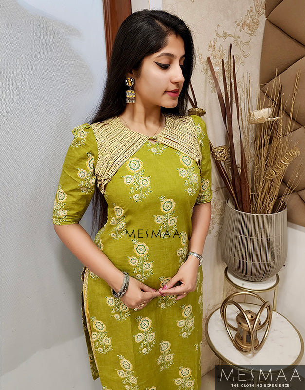 Green yellow kurti set.