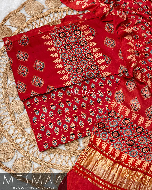 pure model silk with ajrakh print suits