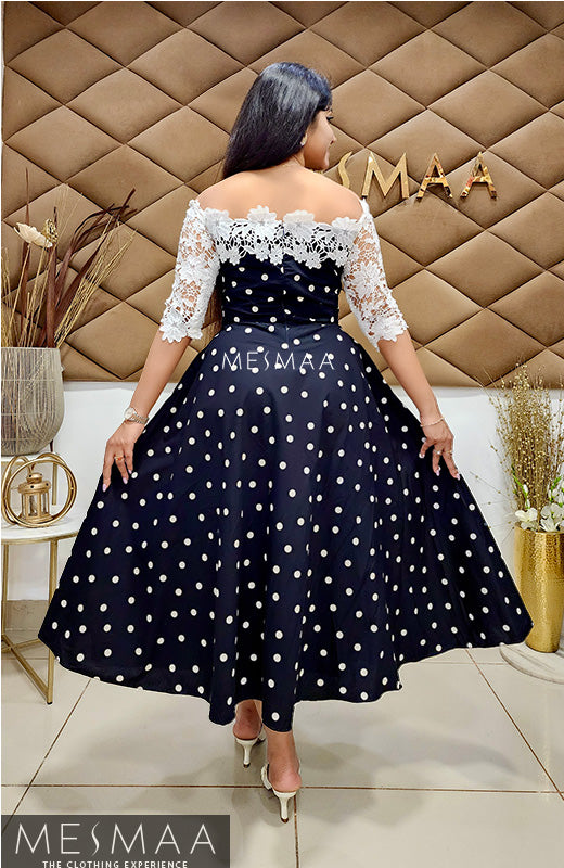 Black white cut work polka dress