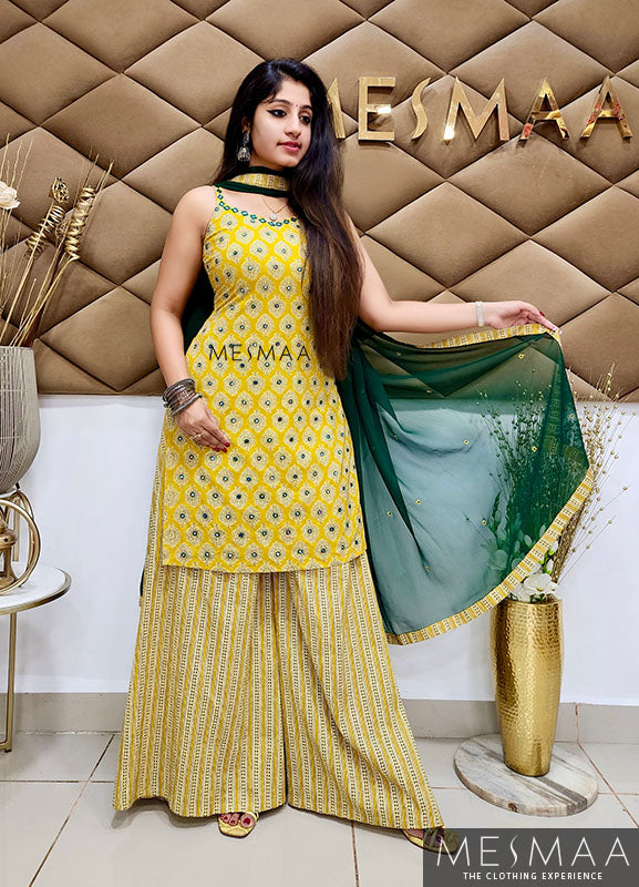 Yellow bottle green sharara set