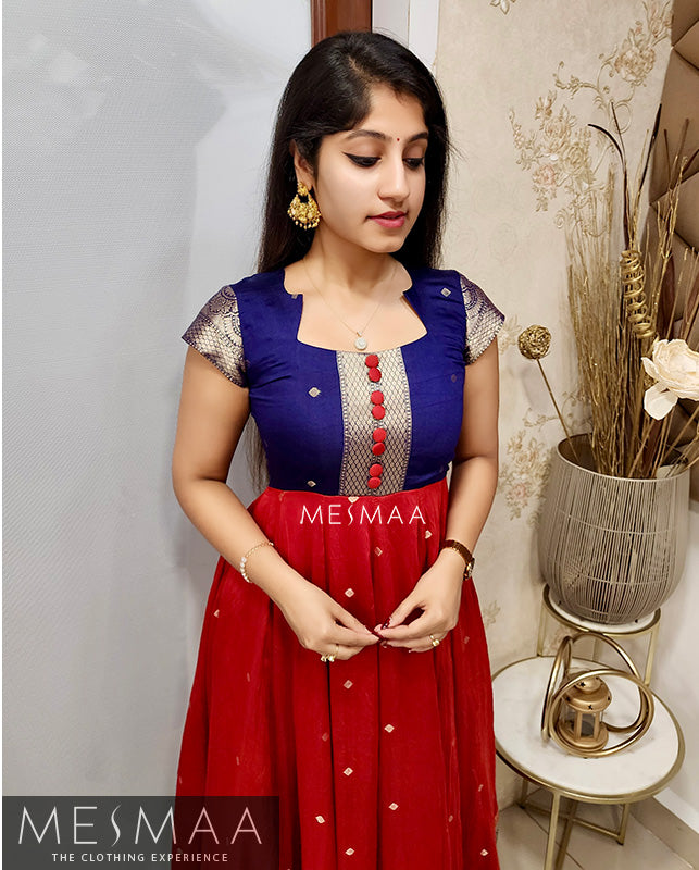 Navy blue red saree converted anarkali.